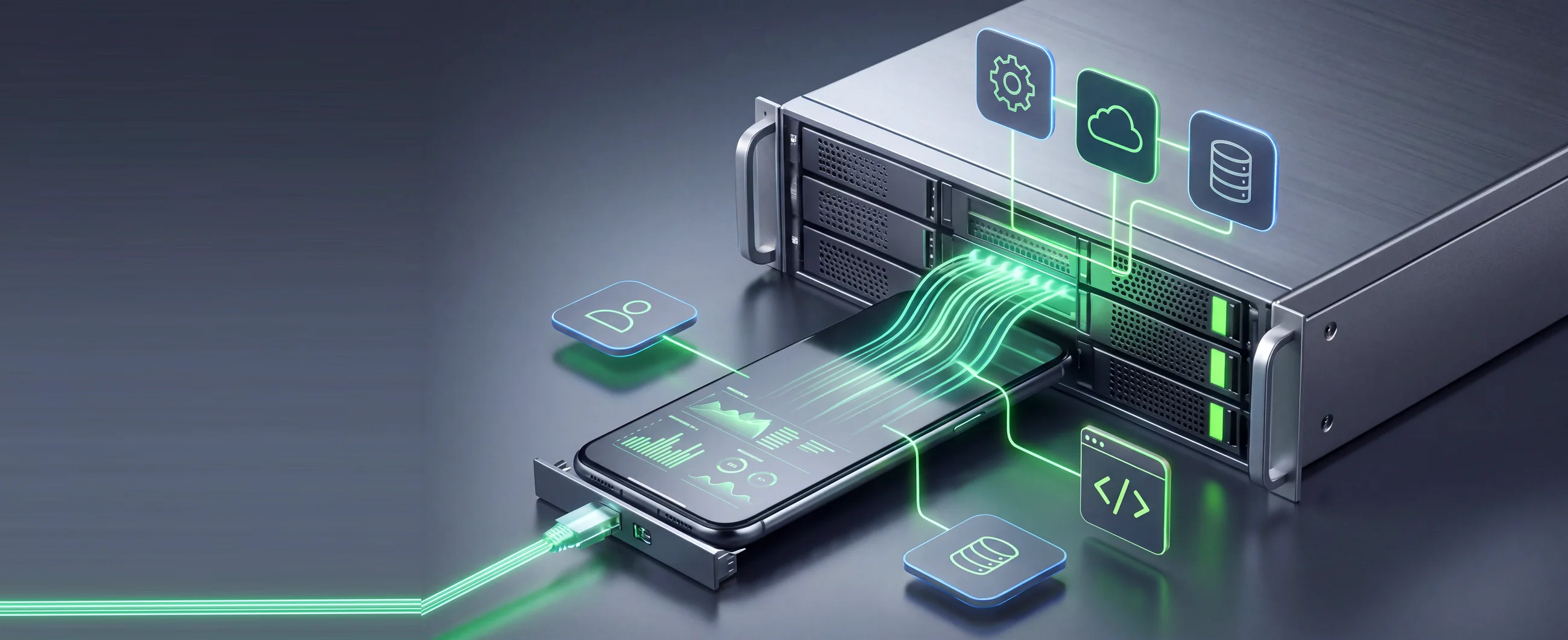 A rack-mounted gateway with a phone docked into it and green data streams flowing between them, linked to floating integration chips